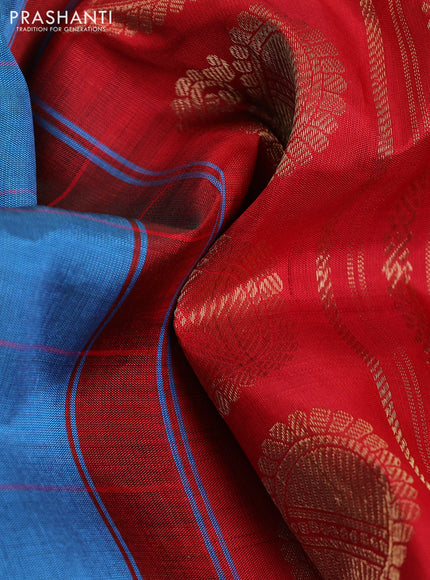 Pure gadwal silk saree cs blue and red with allover stripe pattern & zari buttas and temple design silver zari woven border