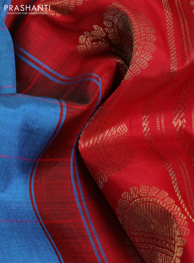 Pure gadwal silk saree cs blue and red with allover stripe pattern & zari buttas and temple design silver zari woven border