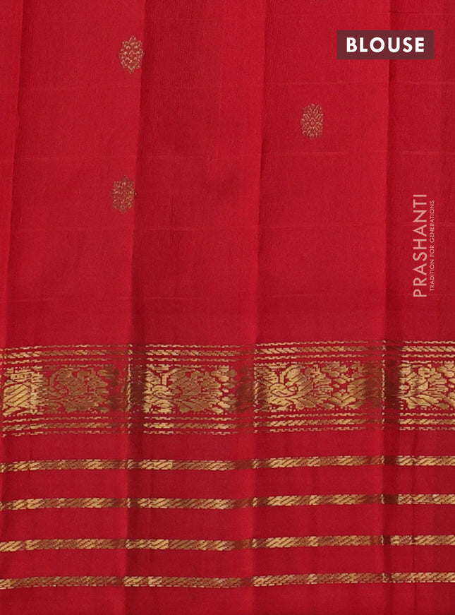Pure gadwal silk saree cs blue and red with allover stripe pattern & zari buttas and temple design silver zari woven border