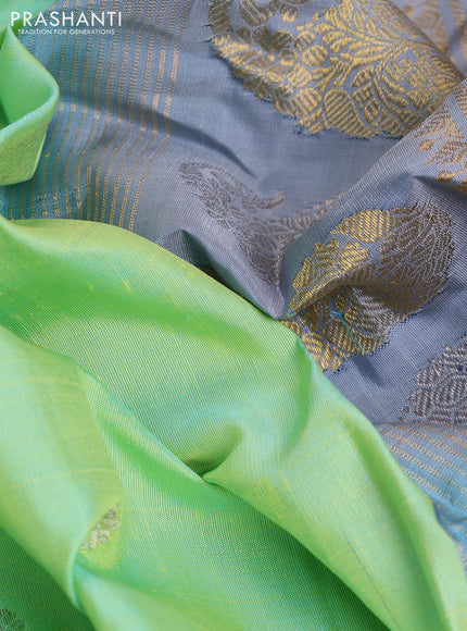 Pure gadwal silk saree green shade and grey with silver & gold zari woven floral buttas and temple design silver zari woven border