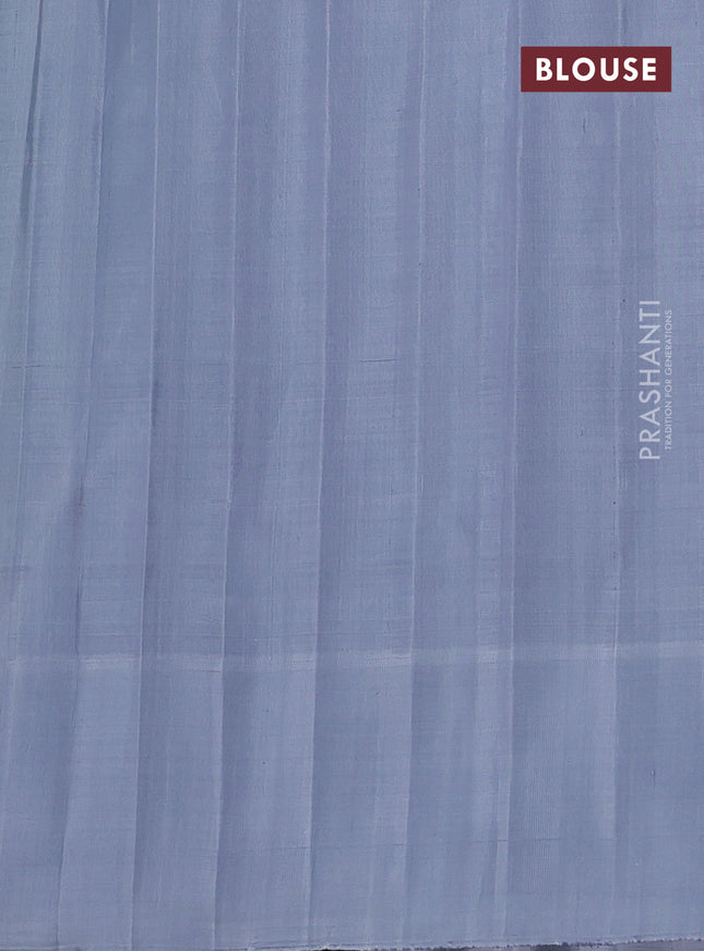 Pure gadwal silk saree green shade and grey with silver & gold zari woven floral buttas and temple design silver zari woven border