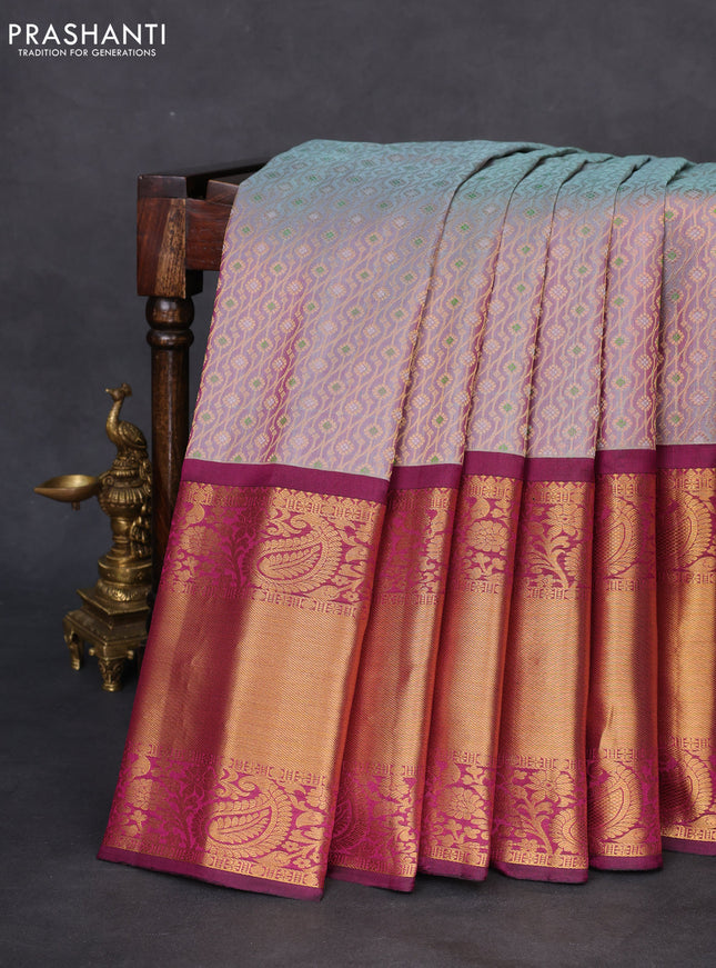 Pure gadwal silk saree dual shade of grey and dark magenta pink with allover zari woven brocade weaves and long rich zari woven border