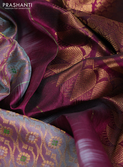 Pure gadwal silk saree dual shade of grey and dark magenta pink with allover zari woven brocade weaves and long rich zari woven border