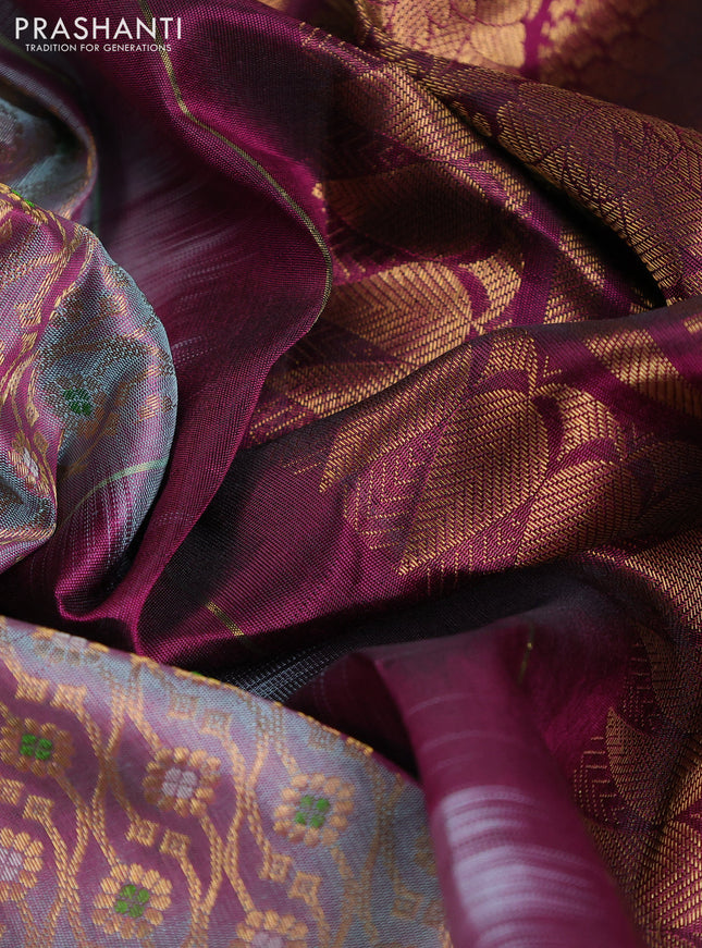 Pure gadwal silk saree dual shade of grey and dark magenta pink with allover zari woven brocade weaves and long rich zari woven border