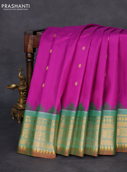 Pure gadwal silk saree purple and green shade with zari woven buttas and temple design zari woven border