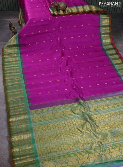 Pure gadwal silk saree purple and green shade with zari woven buttas and temple design zari woven border