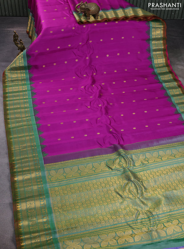 Pure gadwal silk saree purple and green shade with zari woven buttas and temple design zari woven border
