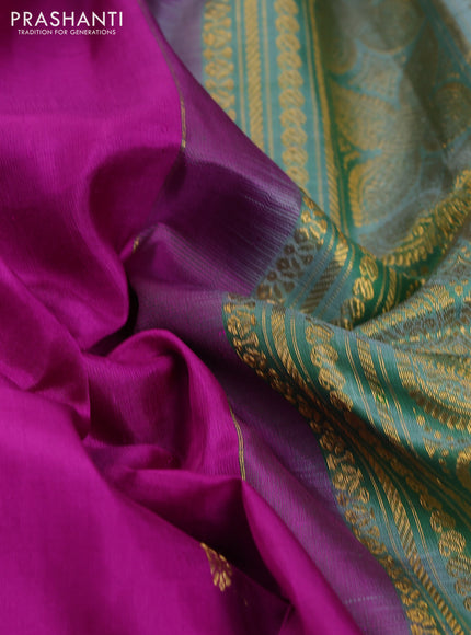 Pure gadwal silk saree purple and green shade with zari woven buttas and temple design zari woven border