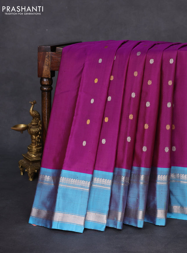 Pure gadwal silk saree purple and pastel blue with silver & gold zari woven floral buttas and rettapet silver zari woven border