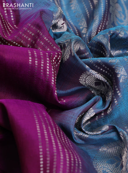Pure gadwal silk saree purple and pastel blue with silver & gold zari woven floral buttas and rettapet silver zari woven border