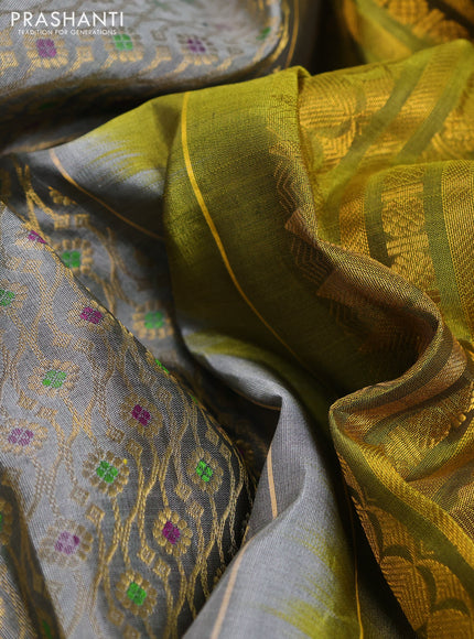 Pure gadwal silk saree grey and mehendi green with allover zari woven brocade weaves and long rich zari woven border