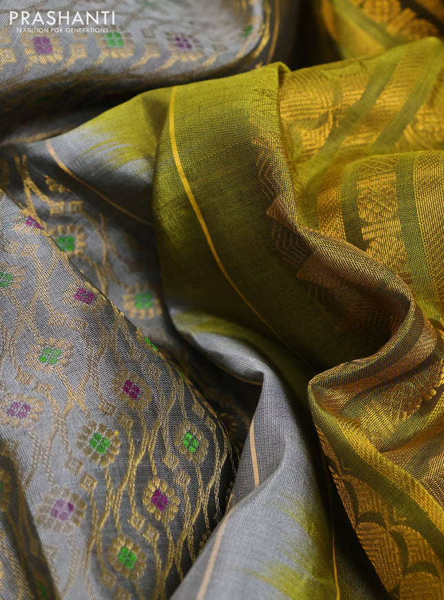 Pure gadwal silk saree grey and mehendi green with allover zari woven brocade weaves and long rich zari woven border