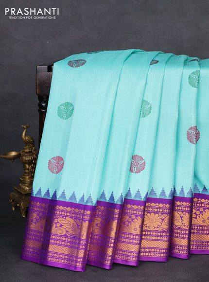 Pure gadwal silk saree teal blue and violet with thread woven buttas and temple design zari woven border