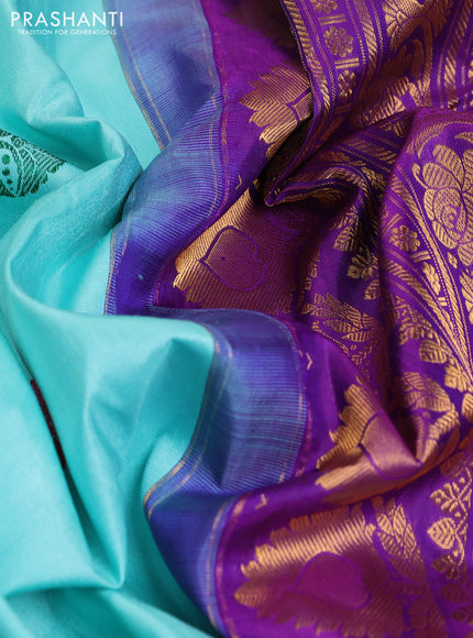 Pure gadwal silk saree teal blue and violet with thread woven buttas and temple design zari woven border
