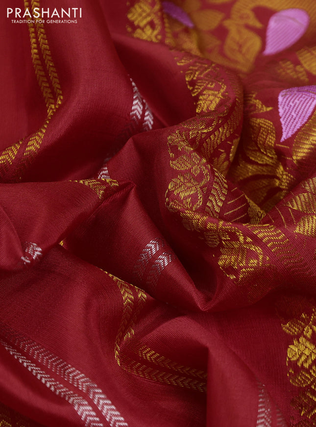 Pure gadwal silk saree red with allover silver & gold zari weaves and peacock design zari woven butta border
