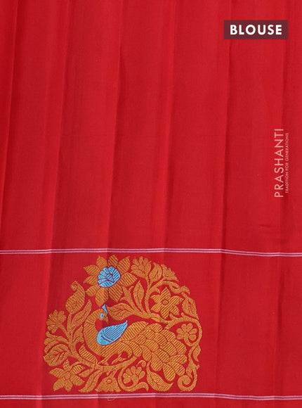 Pure gadwal silk saree red with allover silver & gold zari weaves and peacock design zari woven butta border