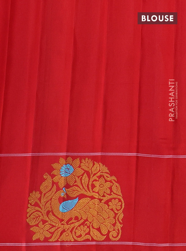 Pure gadwal silk saree red with allover silver & gold zari weaves and peacock design zari woven butta border