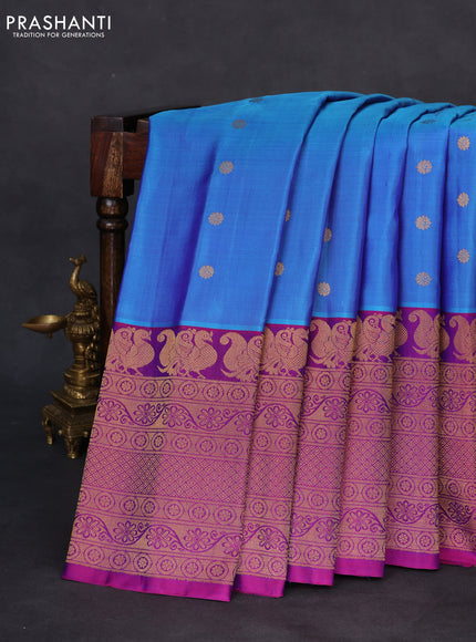 Pure gadwal silk saree blue and purple with zari woven buttas and long rich zari woven border
