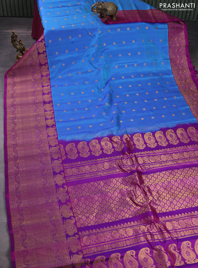 Pure gadwal silk saree blue and purple with zari woven buttas and long rich zari woven border