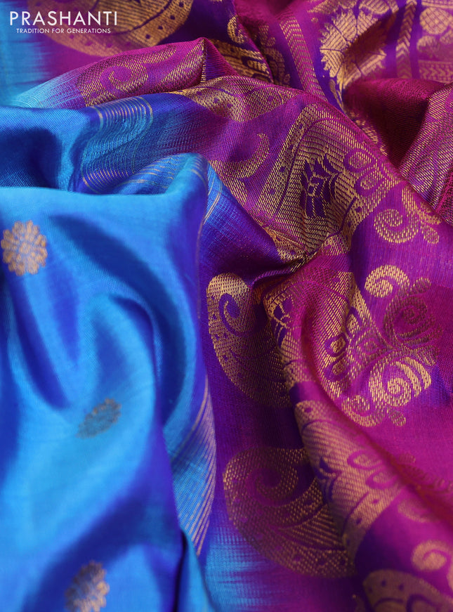 Pure gadwal silk saree blue and purple with zari woven buttas and long rich zari woven border