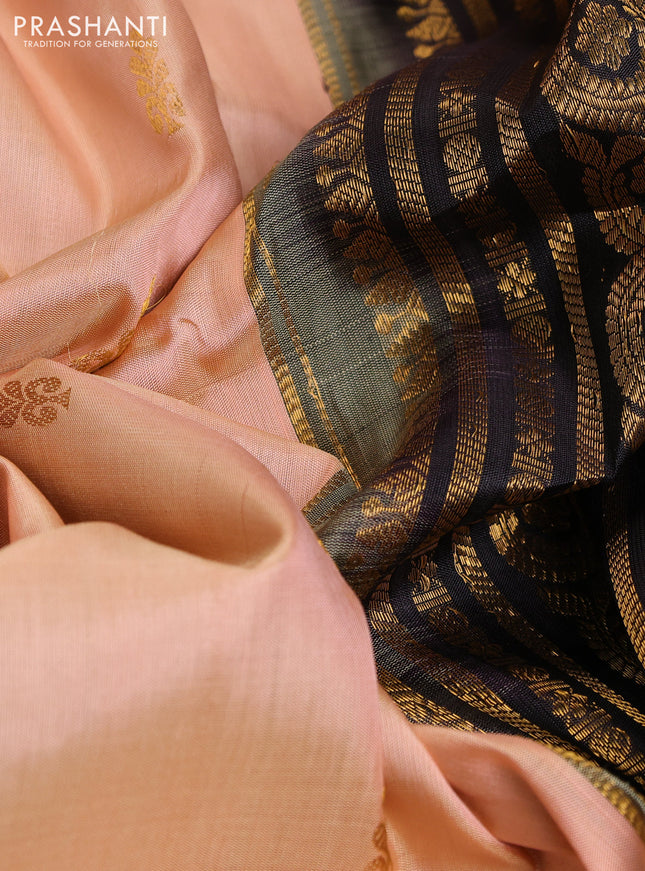 Pure gadwal silk saree peach orange and black with zari woven buttas and temple design zari woven border