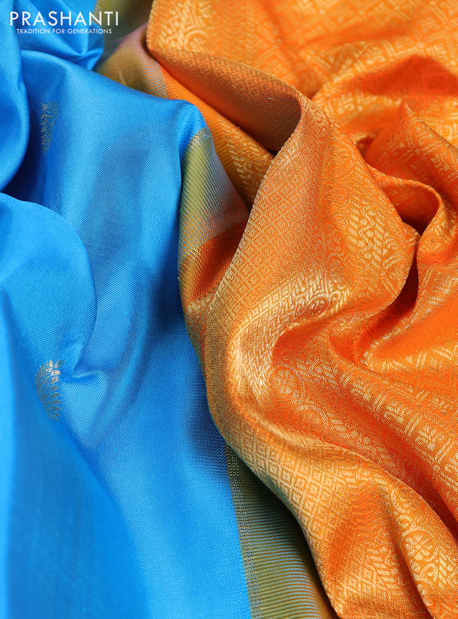 Pure gadwal silk saree light blue and orange with zari woven buttas and temple design zari woven border