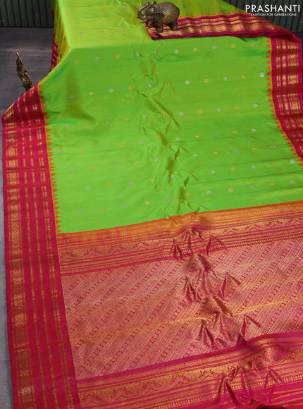 Pure gadwal silk saree parrot green and dual shade of pink with silver & gold zari woven buttas and zari woven border