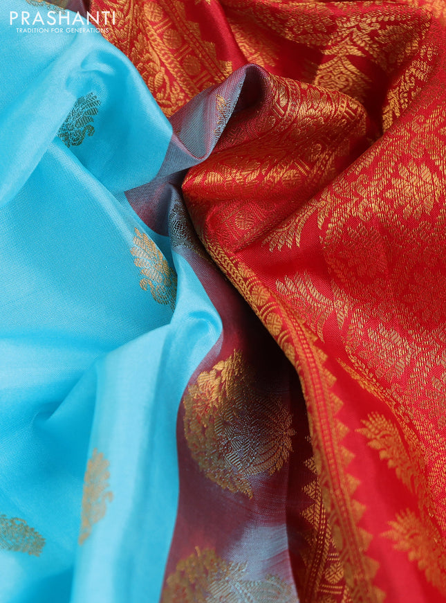 Pure gadwal silk saree light blue and red with zari woven buttas and temple design zari woven border