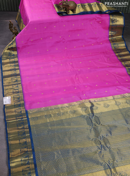 Pure gadwal silk saree pink and peacock blue with zari woven buttas and temple design zari woven border