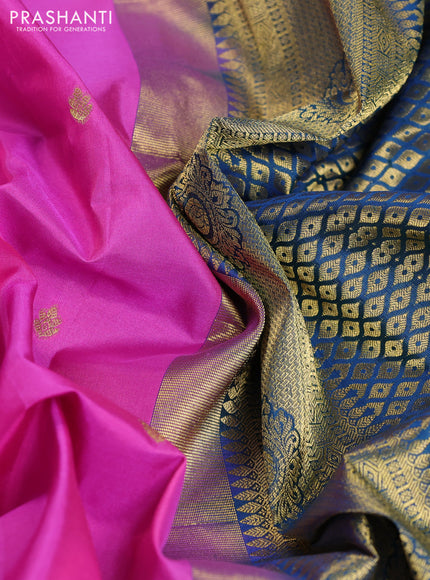 Pure gadwal silk saree pink and peacock blue with zari woven buttas and temple design zari woven border