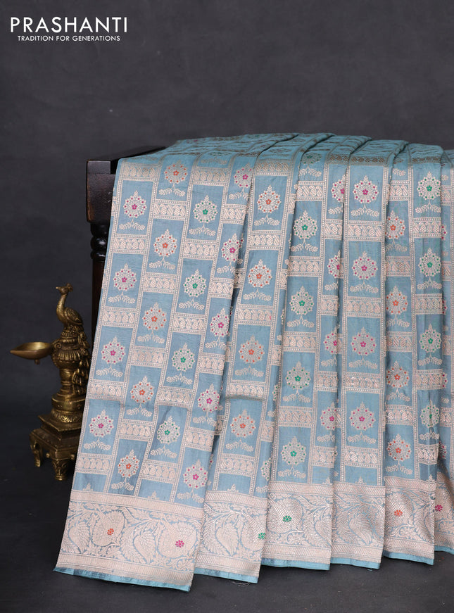 Banarasi uppada silk saree pastel blue with allover zari woven brocade weaves and zari woven border