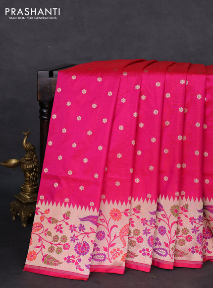 Banarasi uppada silk saree pink with allover zari woven buttas and zari woven floral design paithani border