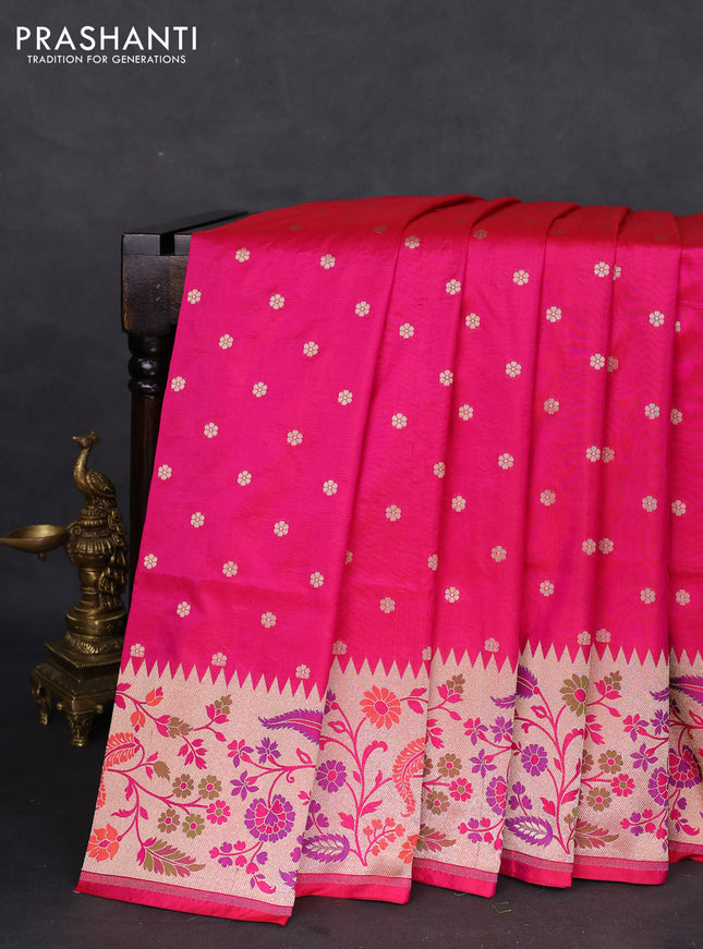 Banarasi uppada silk saree pink with allover zari woven buttas and zari woven floral design paithani border