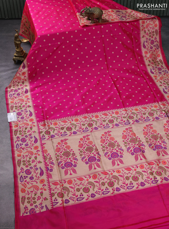 Banarasi uppada silk saree pink with allover zari woven buttas and zari woven floral design paithani border