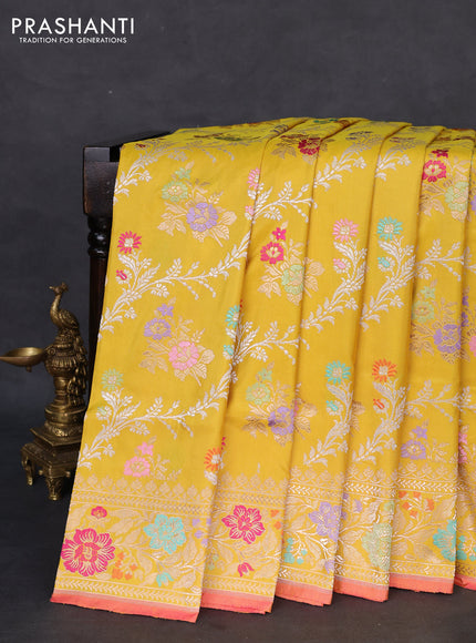 Banarasi uppada silk saree lime yellow with allover thread & zari woven floral weaves and zari woven border