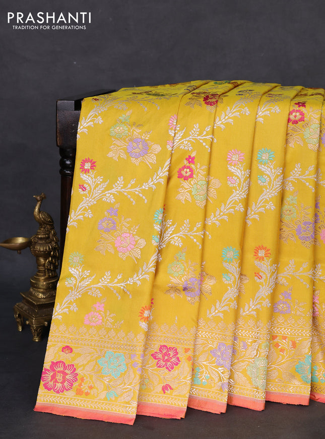 Banarasi uppada silk saree lime yellow with allover thread & zari woven floral weaves and zari woven border