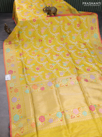 Banarasi uppada silk saree lime yellow with allover thread & zari woven floral weaves and zari woven border
