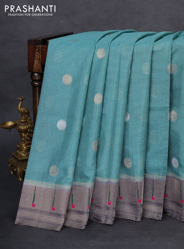 Banarasi kota saree pastel blue and peacock blue with zari woven coin buttas and muniya butta border