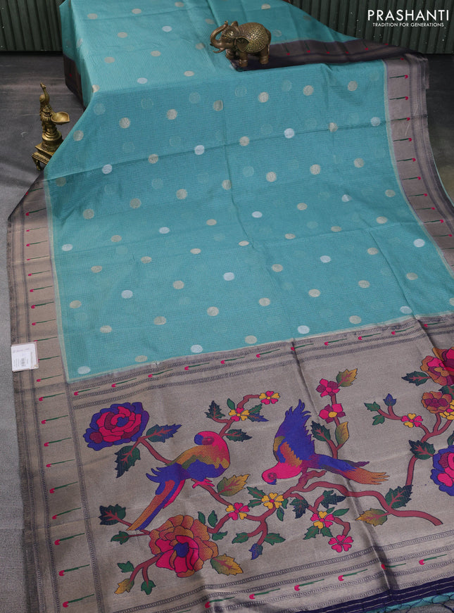 Banarasi kota saree pastel blue and peacock blue with zari woven coin buttas and muniya butta border