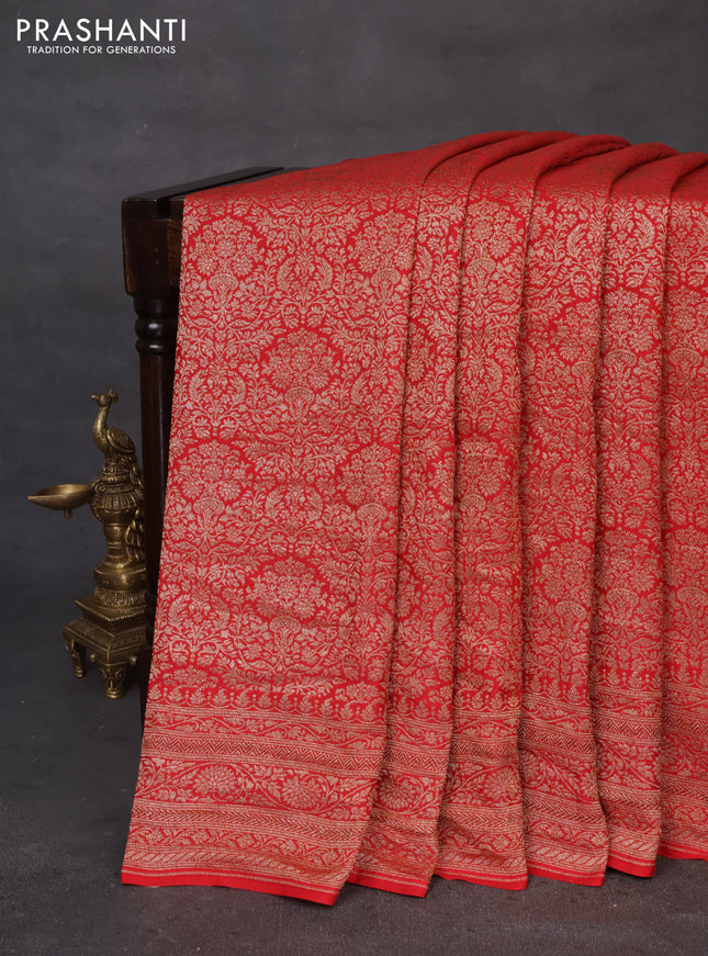 Banarasi crepe saree reddish pink with allover thread & zari woven brocade weaves and woven border