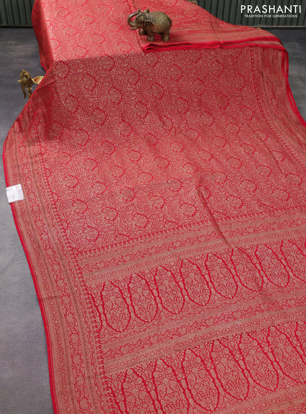 Banarasi crepe saree reddish pink with allover thread & zari woven brocade weaves and woven border