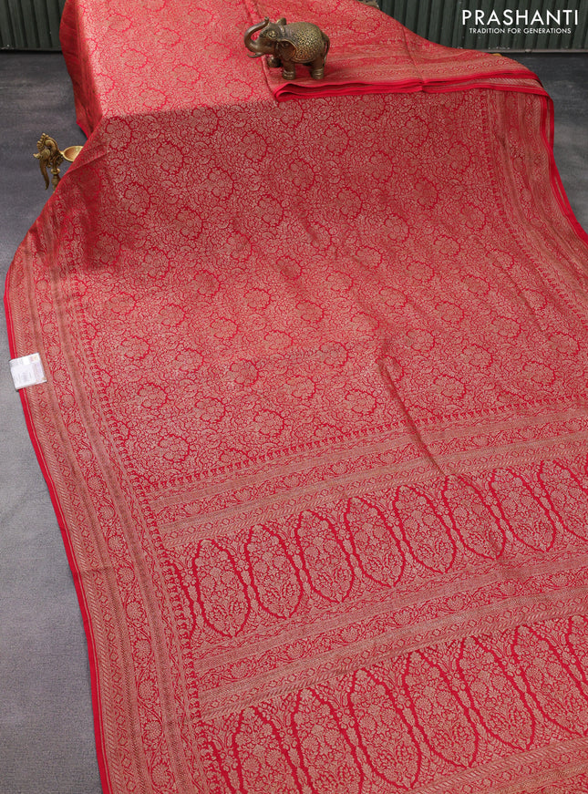 Banarasi crepe saree reddish pink with allover thread & zari woven brocade weaves and woven border