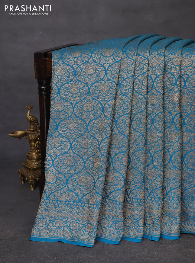 Banarasi crepe saree teal green shade with allover thread & zari woven brocade weaves and woven border