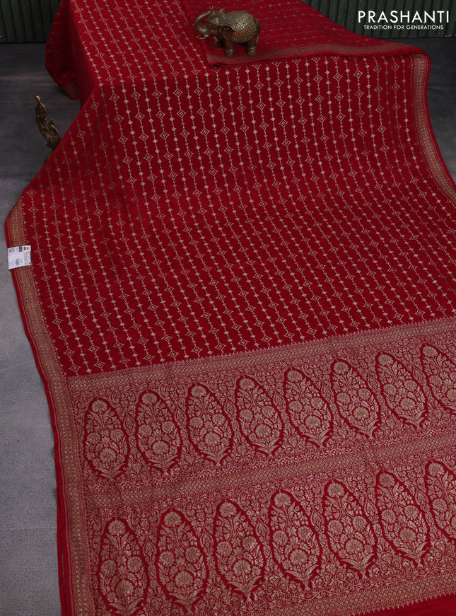 Banarasi crepe saree red with allover thread & zari geometric weaves and woven border