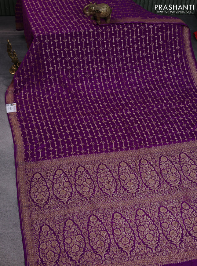 Banarasi crepe saree violet with allover thread & zari geometric weaves and woven border