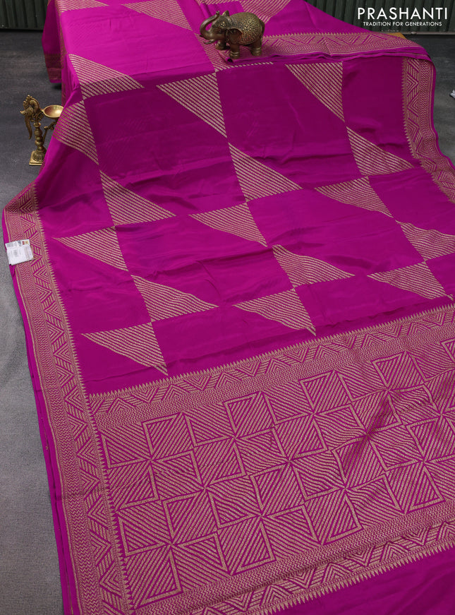 Banarasi crepe saree magenta pink with allover thread & zari geometric weaves and woven border