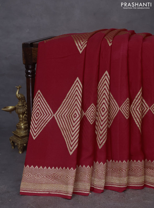 Banarasi crepe saree reddish pink with allover thread & zari geometric weaves and woven border