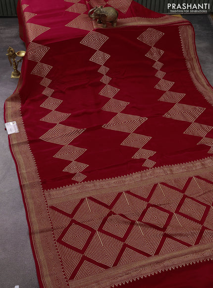 Banarasi crepe saree reddish pink with allover thread & zari geometric weaves and woven border