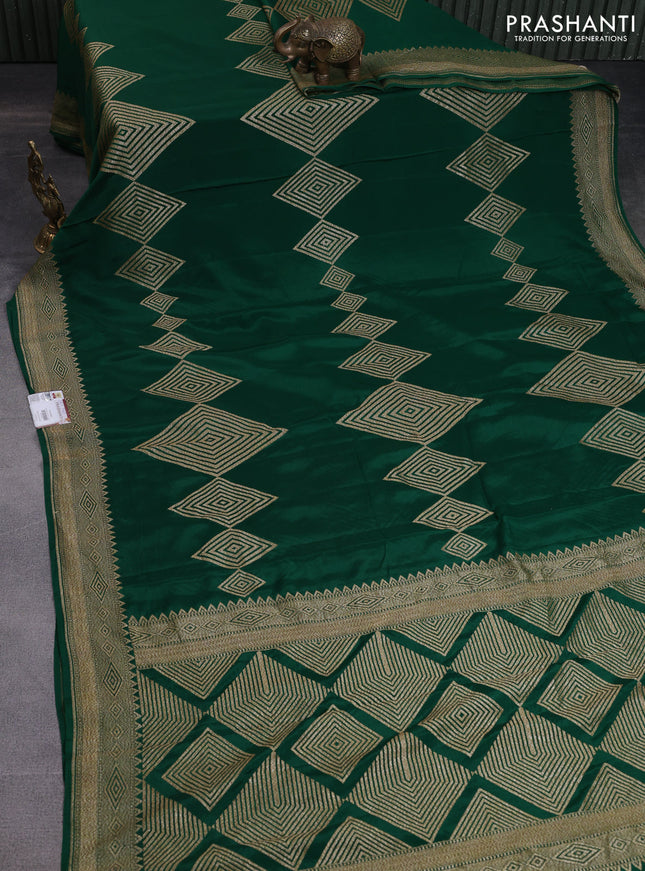 Banarasi crepe saree green with allover thread & zari geometric weaves and woven border