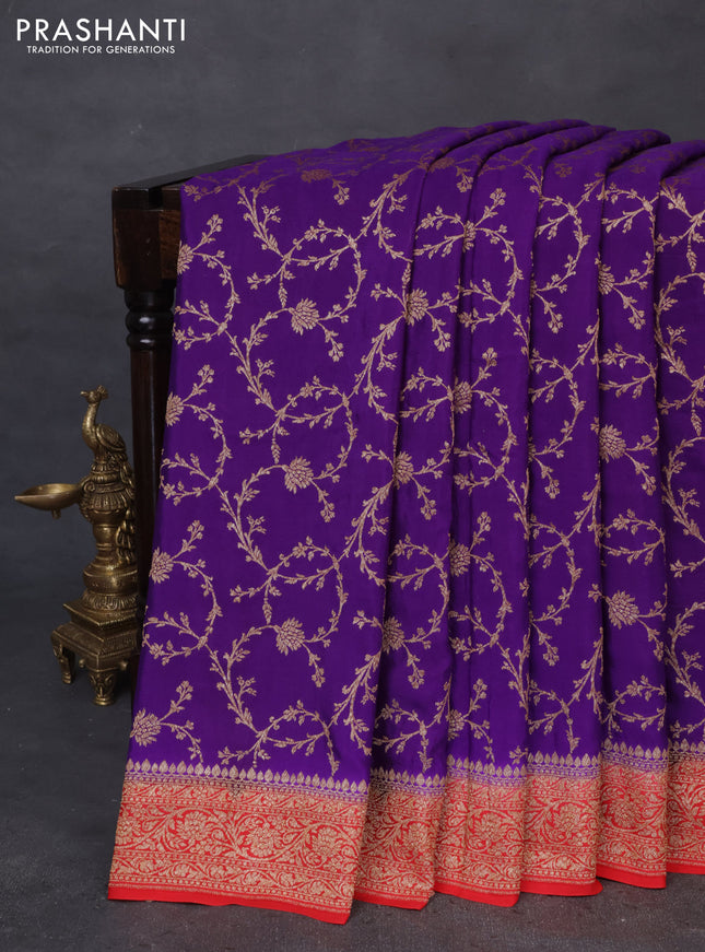 Banarasi crepe saree violet and red with allover thread & zari weaves and woven border